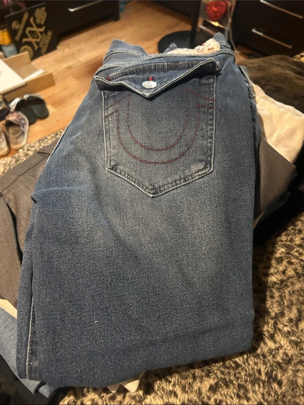 True Religion Men's Light Blue Slim Straight Jeans with Flap Back Pockets
